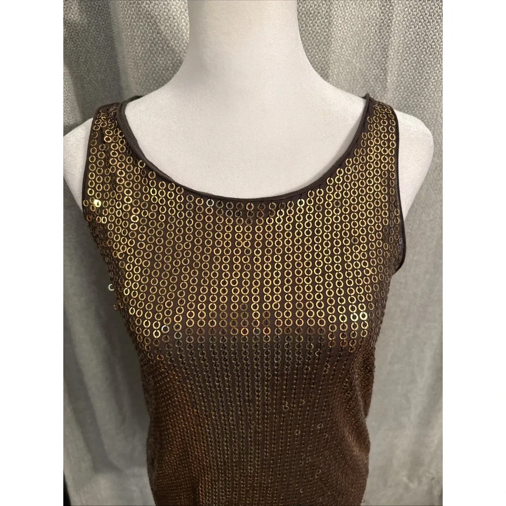 TORY BURCH Sequin Tank Top Women's Size Small Brown Gold Stretch Cocktail